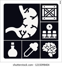 Set of 6 medicine filled icons such as potion, stomach, brain, box, waiting room