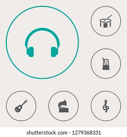 Set of 6 melody icons set. Collection of headphone, drum, gramophone and other elements.