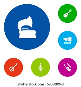 Set Of 6 Melody Icons Set.Collection Of Fiddle, Quaver, Banjo And Other Elements.