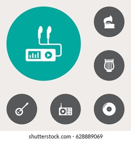 Set Of 6 Melody Icons Set.Collection Of Lyre, Turntable, Banjo And Other Elements.