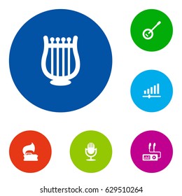 Set Of 6 Melody Icons Set.Collection Of Turntable, Audio Device, Banjo And Other Elements.