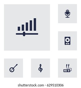 Set Of 6 Melody Icons Set.Collection Of Amplifier, Audio Device, Karaoke And Other Elements.