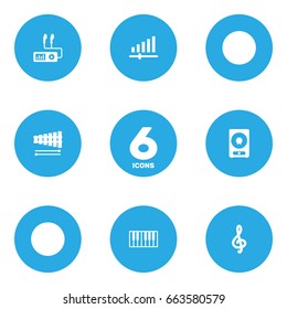 Set Of 6 Melody Icons Set.Collection Of Knob, Percussion, Audio Device And Other Elements.