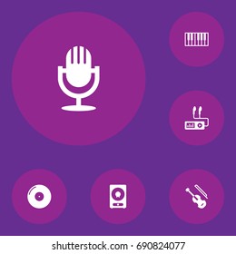 Set Of 6 Melody Icons Set.Collection Of Audio Device, Retro Disc, Fiddle And Other Elements.