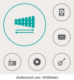 Set Of 6 Melody Icons Set.Collection Of Retro Disc, Percussion, Tape And Other Elements.