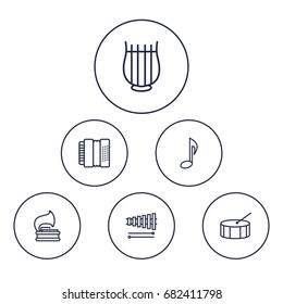 Set Of 6 Melody Outline Icons Set.Collection Of Harmonica, Vinyl, Percussion And Other Elements.