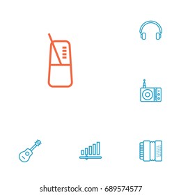 Set Of 6 Melody Outline Icons Set.Collection Of Station, Headphones, Pace And Other Elements.