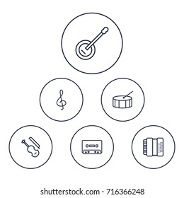 Set Of 6 Melody Outline Icons Set.Collection Of Harmonica, Note, Fiddle And Other Elements.