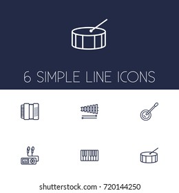 Set Of 6 Melody Outline Icons Set.Collection Of Harmonica, Percussion, Wooden Block And Other Elements.