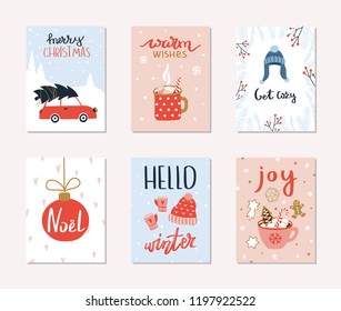 Set of 6 Merry Christmas and Happy New Year gift cards. Collection of hand drawn holiday posters with cozy christmas illustrations and lettering. Vector design template.