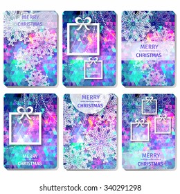 Set of 6 Merry Christmas and Happy New Year card. View of white christmas box and bow on polygonal background. Paper cut style.