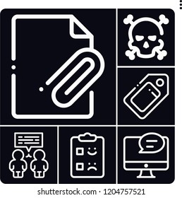 Set of 6 message outline icons such as attached file, tag, danger, conversation