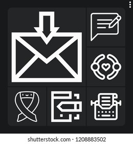 Set of 6 message outline icons such as feedback, typewriter, ribbon, friendship, inbox