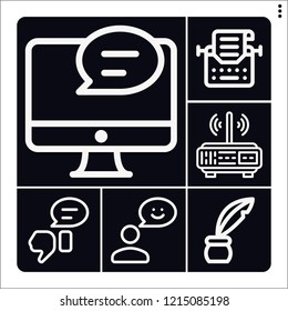 Set of 6 message outline icons such as inkwell, router, feedback