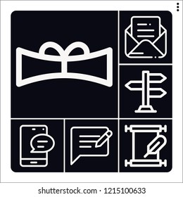Set of 6 message outline icons such as mail, road sign, feedback, manuscript