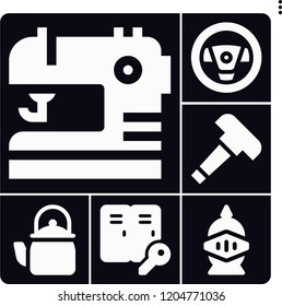 Set of 6 metal filled icons such as lockers, steering wheel, hammer, sewing, kettle