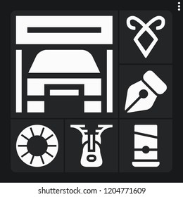 Set of 6 metal filled icons such as guillotine, blade, iron man, pen, garage