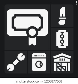 Set of 6 metal filled icons such as warehouse, washing machine, spanner, award, knife