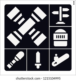 Set of 6 metal filled icons such as warrior, sword, road sign, escalator, cross wrench