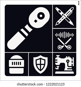 Set of 6 metal filled icons such as warrior, scissors, pen, safe, sewing machine
