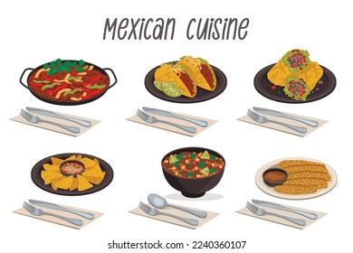 Set of 6 Mexican cuisine illustrations: taco, fajitas, pozole, burritos, nachos, churros with cutlery.