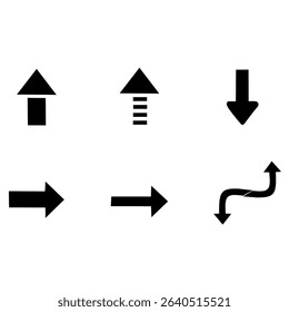 Set of 6 minimal arrow icons in flat style. Includes upward, downward, straight, and curved arrows. Ideal for apps, UI, and navigation graphics