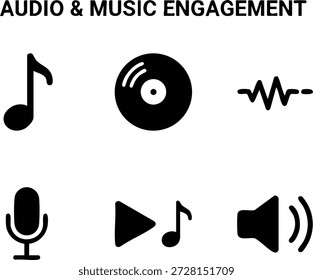 Set of 6 Minimal Audio Music Engagement Icons Isolated White Background Note Record Wave