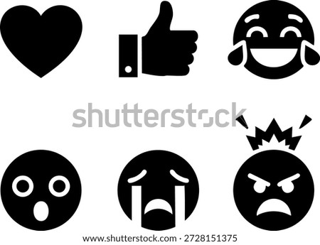 Set of 6 Minimal Classic Reactions Icons Isolated White Background Heart Thumbs Up Emoji
