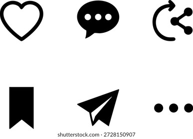 Set of 6 Minimal Essential Action Button Icons Isolated White Background Heart Comment Share