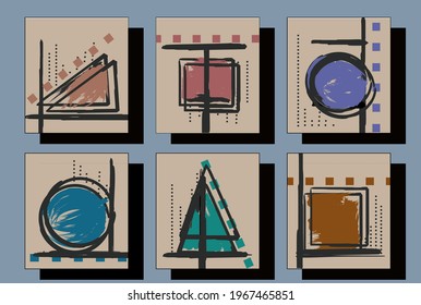 Set of 6 minimal geometric design posters, circle, triangle and rectangular shape.
Vintage shape elements. Modern hipster style. Vector illustration.