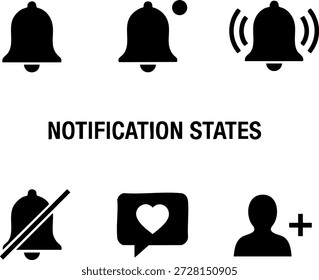 Conjunto de 6 ícones de estado de notificação mínimos Isolado Branco Fundo Bell Silenciado Seguidor