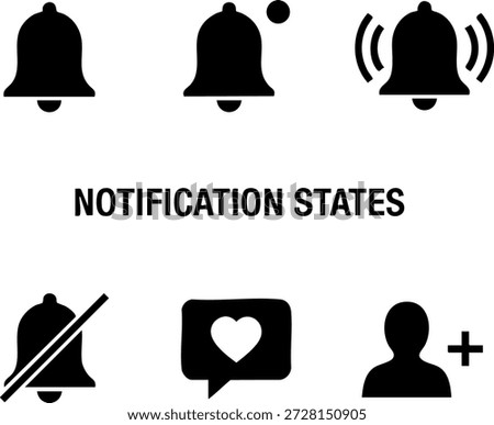 Set of 6 Minimal Notification State Icons Isolated White Background Bell Muted Follower