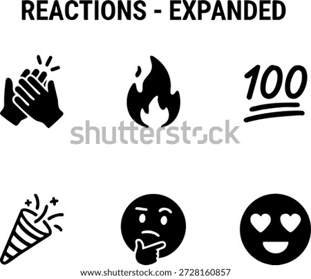 Set of 6 Minimal Reactions Icons Isolated White Background Clapping Fire 100