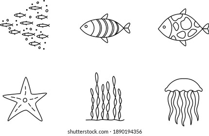 Set of 6 minimal underwater icons showing aquatic animals.