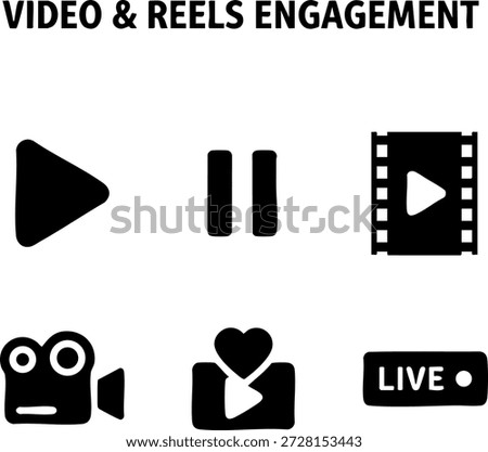 Set of 6 Minimal Video Reels Engagement Icons Isolated White Background Play Pause Live