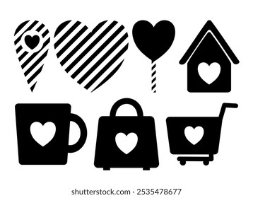 Set of 6 minimalist, black-and-transparent heart-themed illustration icons featuring navigation pins, hearts, a house, a mug, a bag, and a cart. Ideal for love projects, and lifestyle branding