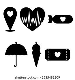 Set of 6 minimalist, black-and-transparent heart-themed illustration icons featuring a navigation pin, heart pulse, a nuclear love, an umbrell love, an ice cream dating and a ticket movie love