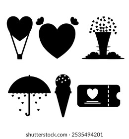 Conjunto de 6 iconos minimalistas de ilustración con tema de corazón negro con aire de globo, corazón con alas, una explosión de amor, un paraguas con corazones, helado con amor y una película de boletos