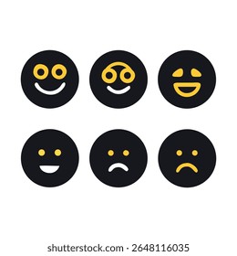 Set of 6 minimalist emoji faces in black and yellow color scheme showing various emotions like happy, sad, confused, and neutral. Perfect for UI, feedback icons, apps, or UX design.
