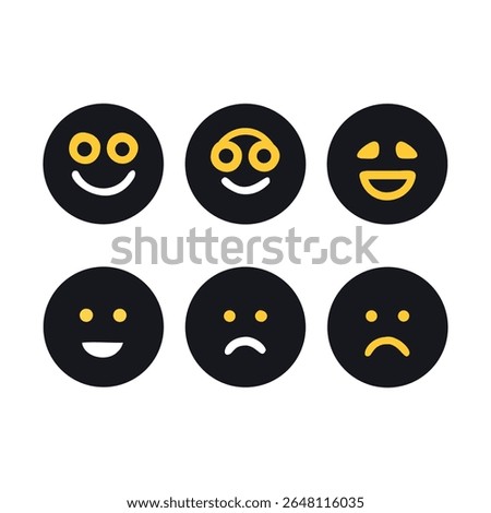 Set of 6 minimalist emoji faces in black and yellow color scheme showing various emotions like happy, sad, confused, and neutral. Perfect for UI, feedback icons, apps, or UX design.