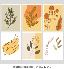 Set of 6 Minimalist wall art. Abstract geometric prints for boho aesthetic interior. Home decor wall prints, terracotta colors. Sun, rainbow and clay pots. Contemporary artistic printable vector