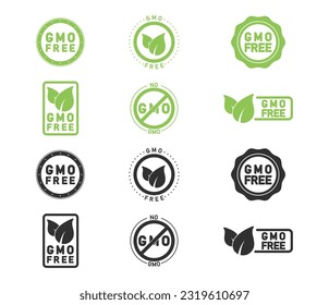 Set of 6 minimalistic GMO free labels for food. Non GMO healthy food icons. Warning signs of the product composition. Organic, eco, vegan products sticker.