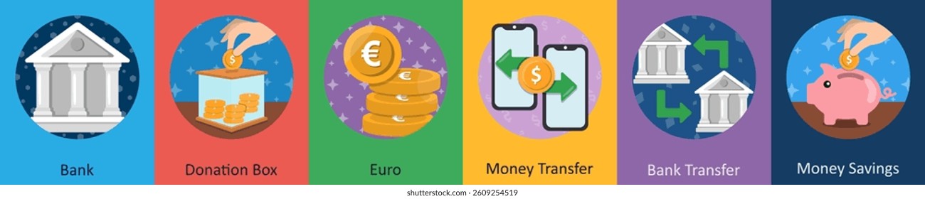 A set of 6 mix icons as bank, donation box, euro