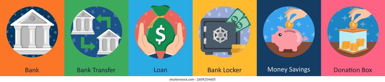 A set of 6 mix icons as bank, bank transfer, loan