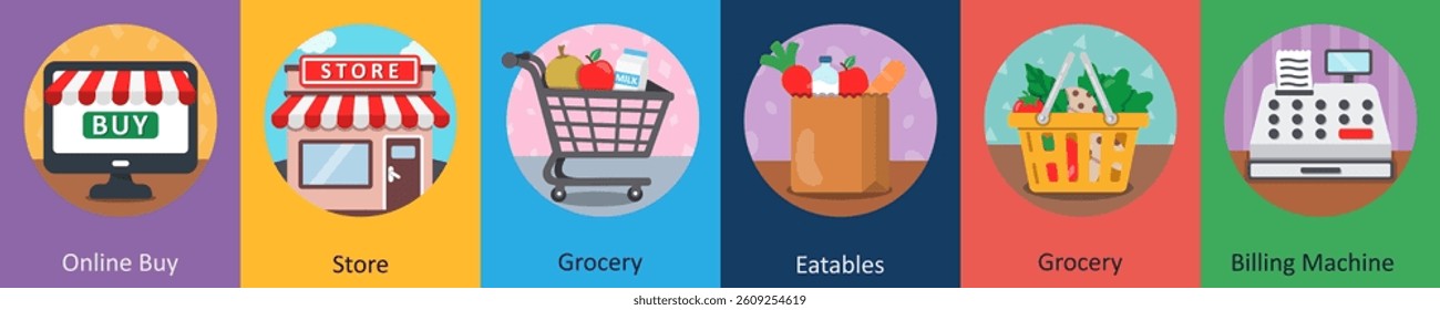 A set of 6 mix icons as online buy, store, grocery