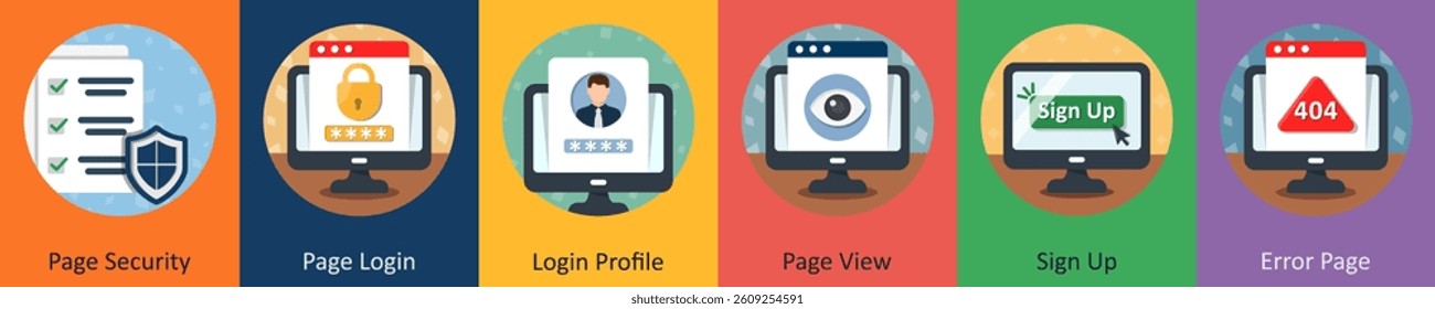 A set of 6 mix icons as page security, page login, login profile