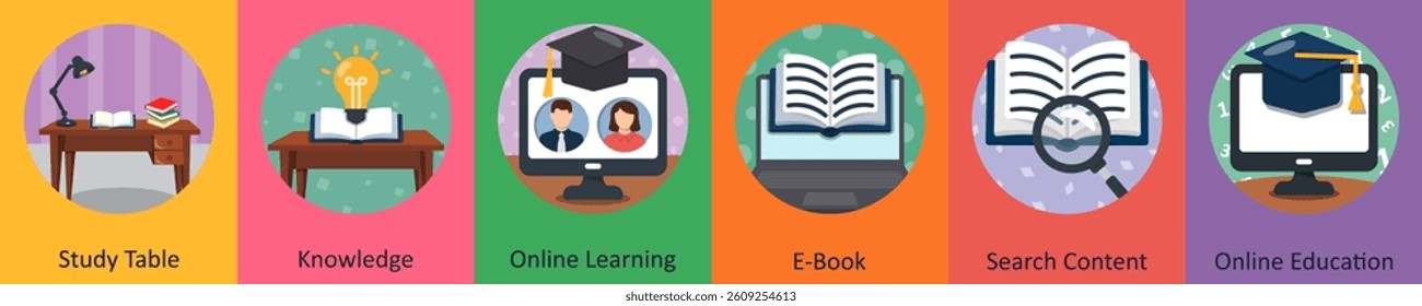 A set of 6 mix icons as study table, knowledge, online learning