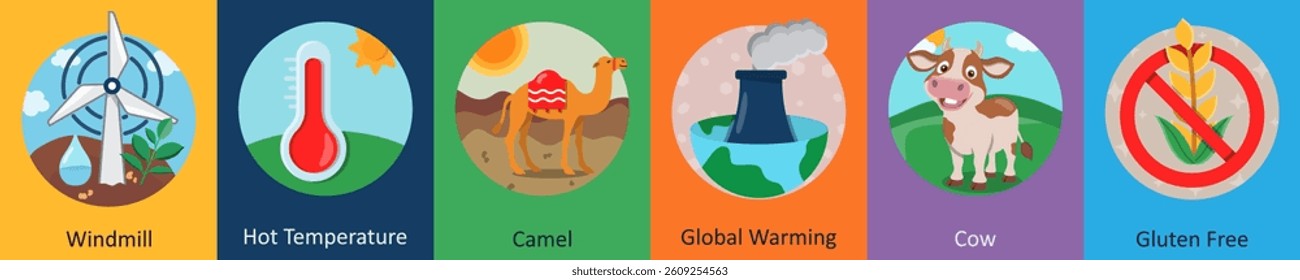 A set of 6 mix icons as windmill, hot temperature, camel
