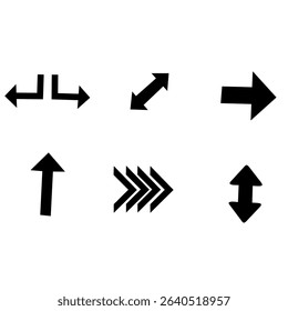 Set of 6 mixed arrow icons with various directions including up, down, diagonal, and bold straight arrows. Useful for UI, infographics, or signage elements