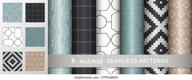 Set of 6 mix&match decorative seamless pattern designs. Mix of geometric, abstract and organic shapes